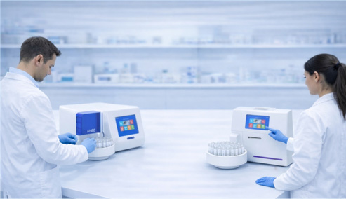 Laboratory professionals operating HbA1c analyzer in clinical environment